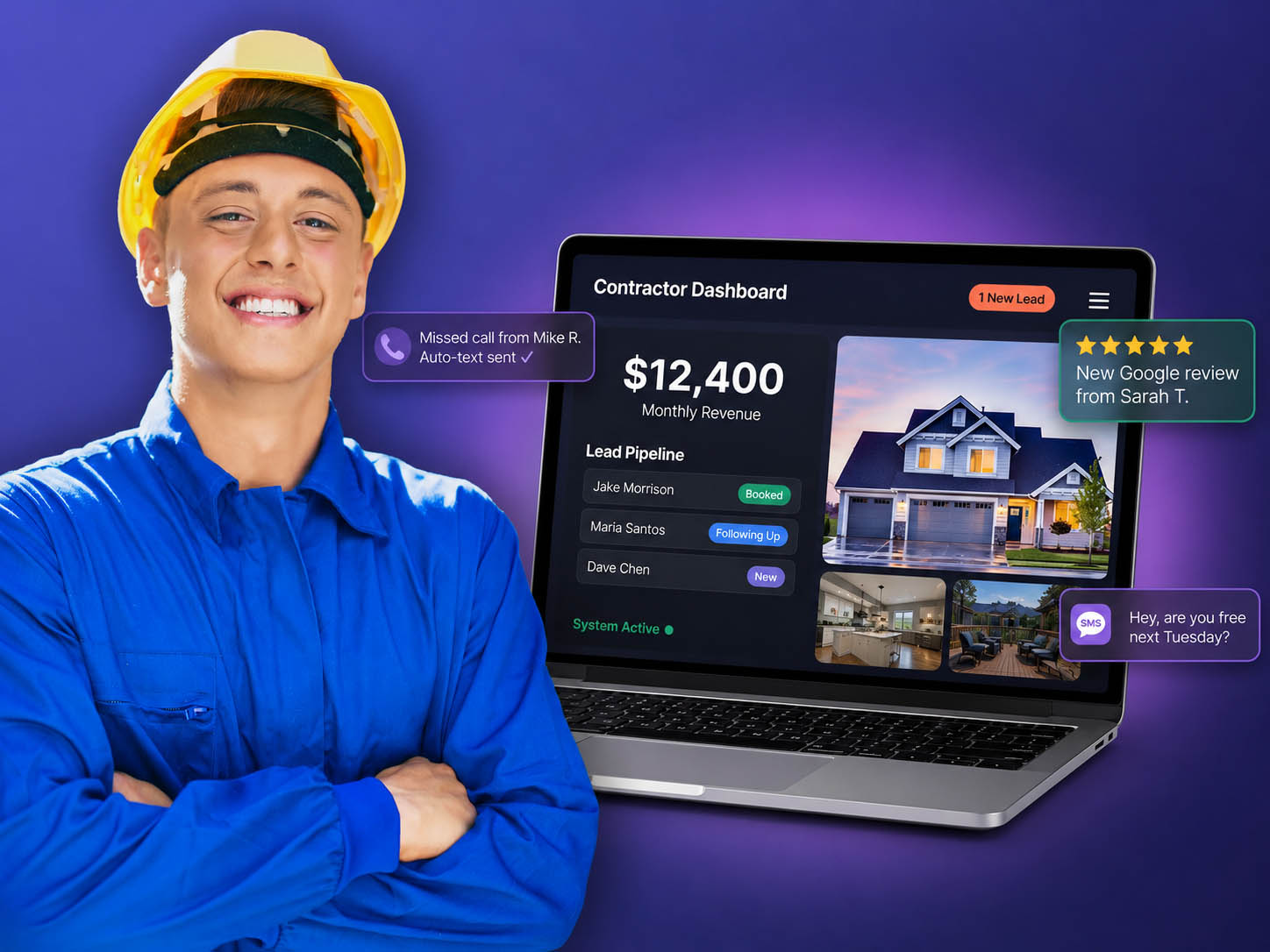 Fun Systems lead-generation dashboard shown beside a smiling contractor